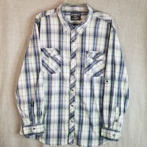 Skully Western‎ Shirt Mens XXL Blue Green Plaid Snap Pockets Long Sleeve Rodeo
